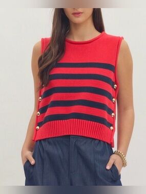 entro Red and Navy Striped Sleeveless Knit Tank with Gold Buttons